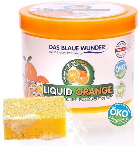 Das Blaue Wunder Liquid Orange PUTZSTEIN Blitz Blank 500 g | Reinigungsstein für Haushalt, Garten und Auto | säure- und phosphatfrei | löst Fett, Schmutz | inkl. Schwamm