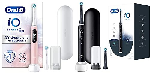 Oral-B iO Series 6 Sensitive Edition Elektrische Zahnbürste, pink Sand & iO Series 6 Elektrische Zahnbürste, 2 Aufsteckbürsten, 5 Putzmodi, Magnet-Technologie, Display & Reiseetui, Black Lava