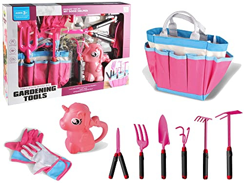 Garden Set Bag Tools Gloves Rakes Pink Unicorn