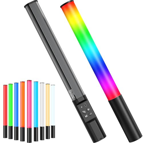Heysliy RGB Vidéo Lampe, RGB Tube Lampe Photo pour La Photographie, Bâton Lumineux de Studio Portable Rechargeable 2600mAh avec Luminosité Réglable 2500K-9900K, Dimmable 9 Couleurs