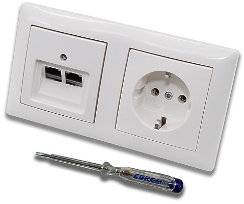 Busch Jäger, Rutenbeck Unterputz Netzwerkdose 10 Gigabit/S CAT6A 6A 2xRJ45 Anschluss + Steckdose mit Kinderschutz 20EUCKS-914 im BJ BalanceSi alpinweiß Design + EBROM Phasenprüfer z. Montage d. Geräte