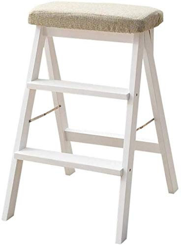 KAZUP Indoor-Kletterhocker, Fußhocker, klappbare Tritthocker, Haushaltsleiterhocker, tragbare Leiter, Erwachsenenstuhl, Küchenhocker, hohe Bank aus massivem Holz/Walnuss-Leinen (weiß)