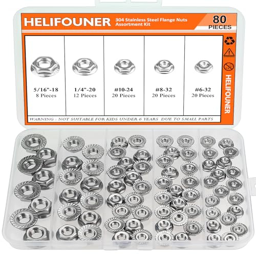 HELIFOUNER 80 Pieces 5 Sizes Flange Nuts, Serrated Flange Hex Lock Nuts Assortment Kit, 304 Stainless Steel (#6-32#8-32#10-24 1/4-20 5/16-18)