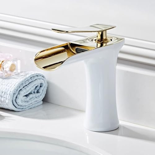 Waschbecken Armaturen Wasserfall Wasserhahn Waschbecken Bad Einhebelmischer Badarmatur Waschbecken Warm Und Kaltwasser Komplett Aus Kupfer Mit Spritzschutz,Weißes Gold,Niedrig
