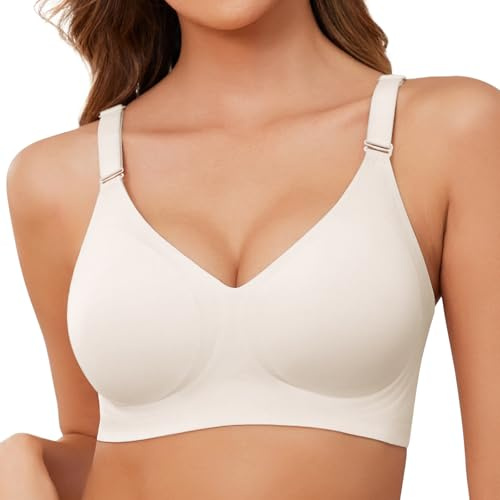 Lonya Bras for Women Push Up Seamless Non Wired Support Full Coverage Ladies V Neck Wireless Bra Comfort Adjustable Padded Zero Feel Bralettes, White, M