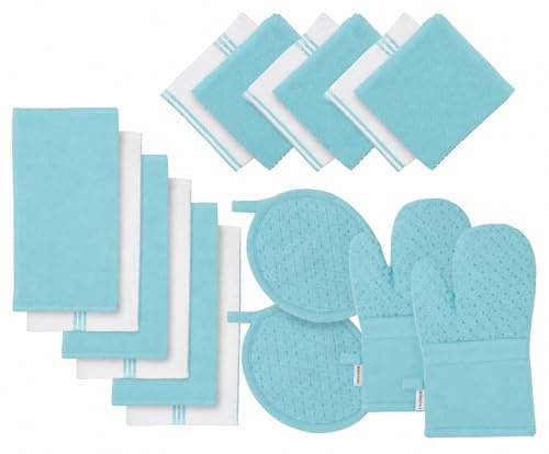 Lane Linen Kitchen Towels And Dishcloths Sets - 16Pc Kitchen Towel Set, 500 Degree Heat Resistant Oven Mitts & Pot Holder, Reusable Dish Cloths For Washing Dishes, Absorbent Kitchen Hand Towels - Aqua