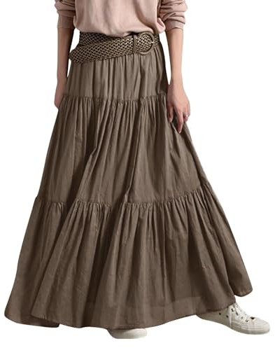 Damen Maxirock Boho Damen-Frühling/Sommer, lässig, hohe Taille, Baumwolle und Leinen, einfarbig, plissiert, lockerer Swing, halblanger Rock Schwarz Schwarz
