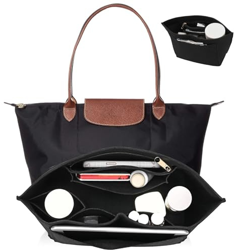 Umiup Väskorganisatör för Longchamp Le Pliage Medium, filtinsats för handväska/tygväska med mugghållare och dragkedja, 8 fack (svart, storlek L: 28 x 25 x 17 cm)