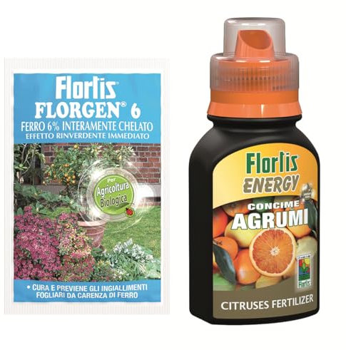 Flortis Kit Benessere Agrumi. Concime per agrumi concentrato Energy Agrumi 250g e Florgen 6 concime per ingiallimenti fogliari 50g. Fertilizzante piante e effetto rinverdente immediato.