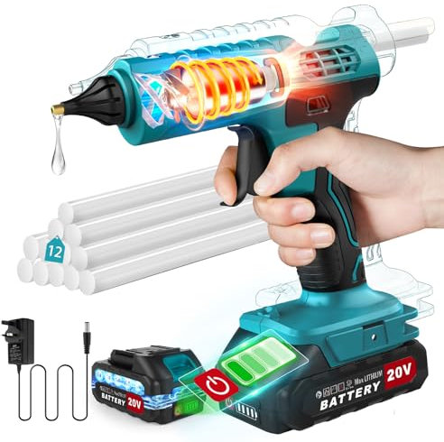 100W Akku Heißklebepistole Kabellos, mit 21V 2000mAh Akku und Ladegerät, Schnell Aufheizung Klebepistole mit 12 PCS Klebesticks, Heissklebepistole für DIY, Handwerk und Schnelle Reparaturen