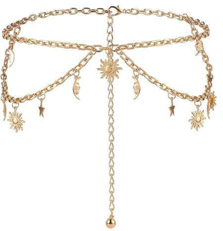 SSKHE Damen-Gürtel aus Metall, zweilagig, Sonne, Mond, Stern, verstellbare Taillenkette aus Metall für Hose, Kleid, Mantel