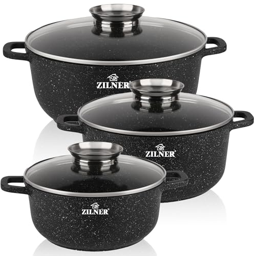 Topfset Induktion 6-Teilig mit Glasdeckel | Kochtopf Set 3 Töpfen aus Aluminiumguss | 3x Kochtöpfe Ø20, 24, 28 cm | PFOA & PFOS-freie | Antihaftbeschichtung aus Schwarzem Granit | ZILNER 7020
