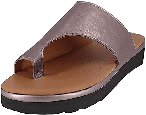 Flip-Flops, flache Sandalen für Damen, bequeme Schuhe zur Korrektur von Ballenzehen, orthopädische Zehenring-Slides, Flip-Flops mit Fußgewölbeunterstützung, breite Füße, für Strandreisen, Braun, 41