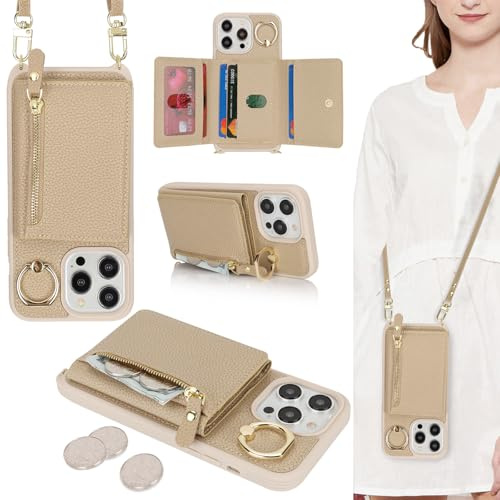 ELTEKER Handyhülle für iPhone 13 Pro Max Hülle mit Band Kartenfach Ringhalterung Geldbörse,Leder Klapphülle Umhängetasche Handytasche für iPhone 13 Pro Max - beige