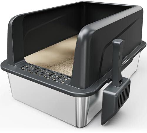 Edelstahl Katzenklo XXL Katzentoilette für Große Katzen, 30L große Kapazität, leicht zu reinigen, Nicht klebend, kein Urinleck, 60x40x33 cm, Schwarz