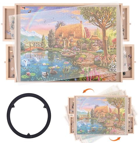 Ruication 1000 Piece Rotating Puzzle Board with 4 Drawers and Cover 360 Degree Rotating Wooden Jigsaw Puzzle Table For Adults Gift