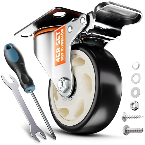 PEARWAY™ Ruedas de alta calidad para cargas pesadas de hasta 600 kg [4 x frenos], ruedas robustas para muebles, ruedas giratorias de 100 mm, para interior y exterior, ruedas de transporte para cargas