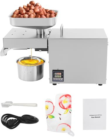 Fridgestea Elektrisk oljepress, oljepress för kall olja och varm, oljepressmaskin för nötter, jordnötter, sesam, mandel, 3–5 kg/timme, 40–240 °C, 610 W