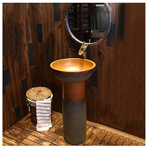 GLJTUO Pedestal Sink Handcrafted Ceramic wash Basin Pedestal washbasin Kaolin Clay Round Freestanding Sink with Drain & Faucet for Indoor and Outdoor,G, (J Without mirror)