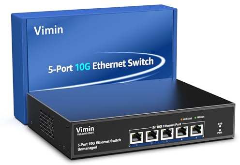 VIMIN Switch Ethernet Non Géré 10G à 5 Ports, Commutateur Réseau 10Gbe Prenant en Charge la Négociation Automatique des Vitesses 100M/1000M/2,5G/5G/10G, pour Réseau NAS 10G, Capacité de 100 Gbit/s