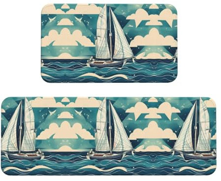 Bkdogkt Lot de 2 petits tapis de cuisine antidérapants et lavables Motif bateau à voile