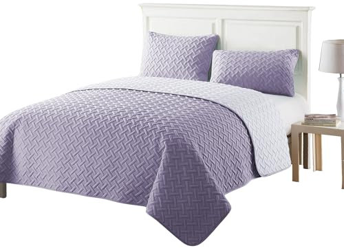 Luxury Quilted Bedspread Set – 3 Piece Reversible Coverlet with Matching Pillowcases | Large Sofa Throw Blanket Bedding Cover | Easy Care (Purple, Single, Basket Weave)