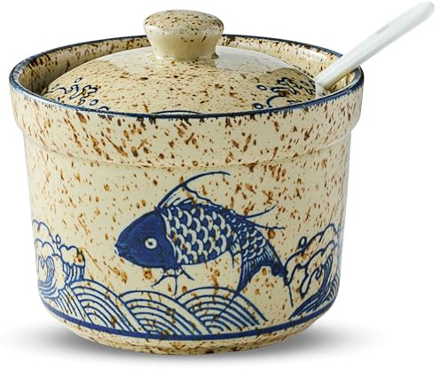 mehrido Azucarero de porcelana con tapa y cuchara, recipiente de azúcar de cerámica de 300 ml para cocina y hogar, tarros de azúcar de granja para barra de café