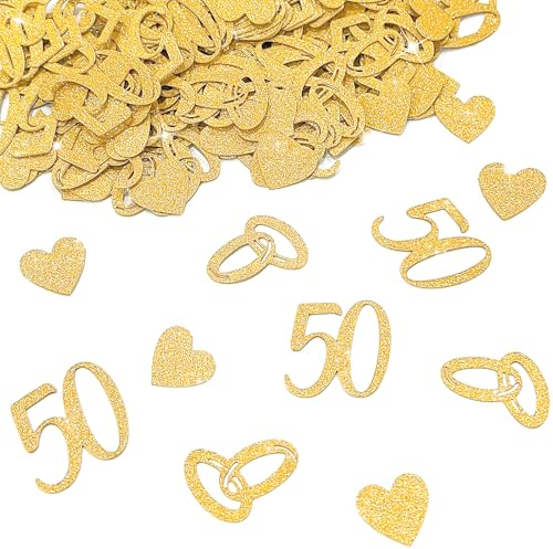 Goldene Hochzeit Deko, 200 Stück Glitzer Konfetti mit 50, Ringe, Herz Motiven Tischdeko Streudeko 50 Jahre Jubiläum Dekoration Partydeko Kuchendeko Tortendeko Hochzeitstag Geschenk