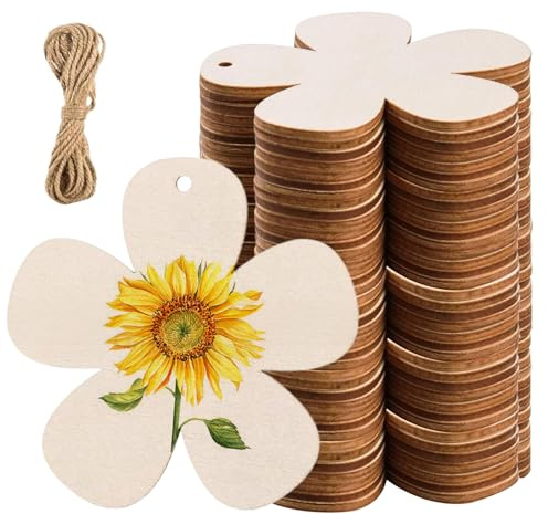 Wooden Flowers Craft Shapes 40pcs Unfinished Flower Wooden Cutout Slices Discs Wood Ornaments with 10m Twine for Crafts 7.5cm
