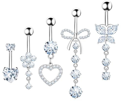 OYIWINMI 5 Stück Bauchnabelpiercing Aus Chirurgenstahl Bauchnabelpiercing, Damenan Bauchnabel Piercing Set,Edelstahl Zirkon Material Erhältlich In Silber, Gold Und Blau (Silver)
