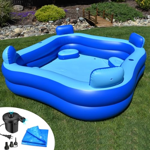 Inflatable Pool w/Seats & Headrests, 8ft x 8ft, Comes with Electric Pump and Ground Tarp Included - Fast Setup and Reinforced Seams