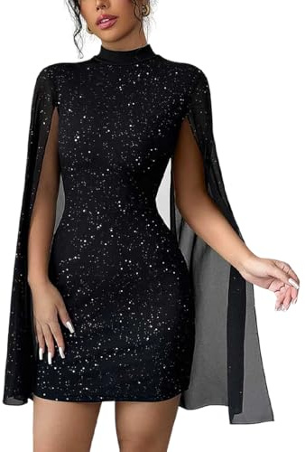 Gkaopi Vestito Donna Corto Sexy Maniche Lunghe Mini Abito Scollo Alto Aderente Abiti Elegante Nero Paillettes Vestiti da Sera Casual Bodycon Solid Tubino per Discoteca Cocktail Festa Party