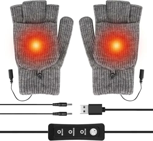 LARNMERN USB Heated Gloves for Men, Women's Warm Gloves Heated Knitted Hand Warmer Washable Suitable for Snow Climbing Outdoor,Grey (Double Sided Heating)