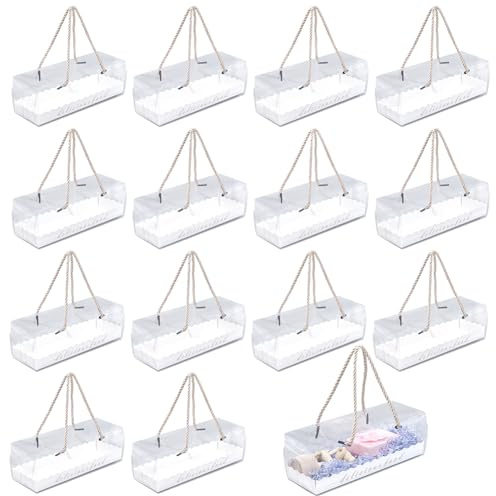 MAYJOYDIY Confezione da 15 scatole trasparenti rettangolari trasparenti per cupcake, con manico in corda dorata, per compleanni, Natale, matrimoni, bomboniere, 21,5 x 8 x 8 cm