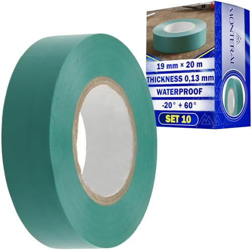 MONTERAL 10 Piezas Cinta Aislante Verde 19 mm x 20 m Espesor 0,13 mm | Cinta Aislante Colores para Trabajos Profesionales y Codificación por Colores Fabricada en Cloruro Polivinilo PVC - MONTERAL