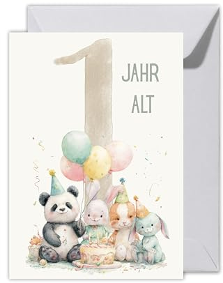 WBdesignz XXL 1. Geburtstag Karte mit Umschlag - Süße Glückwunschkarte „1 Jahr alt“ - niedliche Tiere, Luftballons & Geburtstagskuchen - kindliche Tier-Motiv Karte für Baby, Kleinkind (XXL DIN A4)