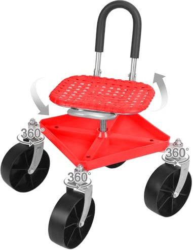 euppaury Garden Cart Rolling Seat on Wheels, Height Adjustable 360 Degree Swivel Gardening Stool with Tool Tray, Rolling Work Seat for Gardeners Elderly Seniors Red