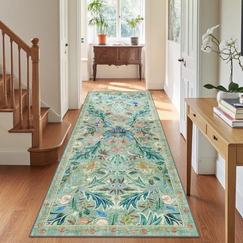 TUKDAK Vogel Teppich Läufer Flur 80x200cm, Grün Tier Küchenläufer Waschbar, Weicher Kurzflor Teppichläufer rutschfest, Vintage Waschbarer Küchenteppich Wohnzimmer Badezimmer Schlafzimmer