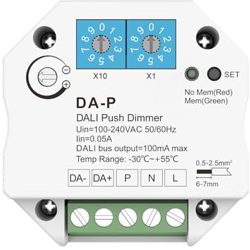 Dimmer Push DALI Master Compatto DA-P, Alimentatore Bus 16VDC 100mA Integrato, Input 220V, Centralina per Driver e Ballast DALI2, Controllo con Pulsante Memoria, Unidirezionale e Broadcast
