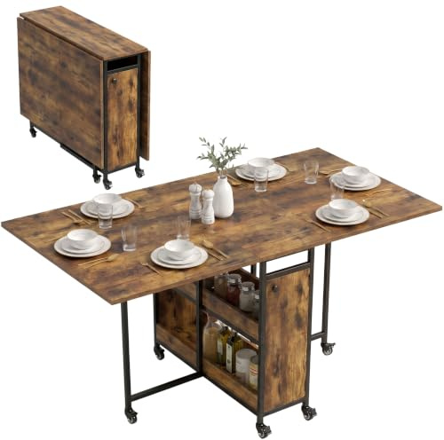 Blisswood Folding Dining Table, 152cm Mobile Drop Leaf Table for 4–6 People, Rustic Extendable Dining Table with Open Storage Shelves & Lockable Wheels, Space Saving Foldable Dining Room Kitchen Table