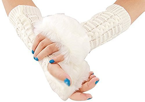 TININNA Frauen Winter Warm Strick Knit Lange Finger Warm MITAINE ohne Finger Handschuhe für Damen aus Wirkware von Wolle Gr. Freie Größe, weiß