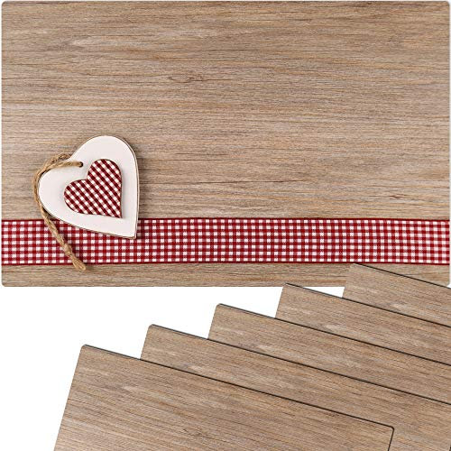 Tischsets 6er als abwaschbare Tischdeko im Landhaus Stil - Platzsets Herzen und Holzoptik als Tischuntersetzer in 43 cm - Platzdeckchen als Tischunterlage für Esstisch Wohnzimmer Tisch