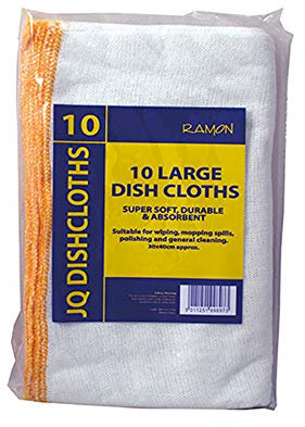 Ramon Hygiene 10 Large White Dishcloths, Yellow Overlock, 30 x 40 cm, Durable, Super Absorbent, Machine Washable, General Soft Cleaning Cloths