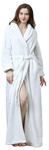 Hellomamma Womens Long Robe Soft Warm Fleece Plush Bathrobe Ladies Sleepwear Pajamas Housecoat Nightgown White Small-Medium