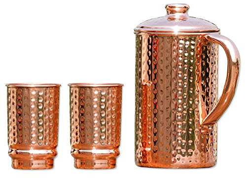 Set di brocca e bicchiere ayurveda in puro rame, con design martellato e 2 bicchieri