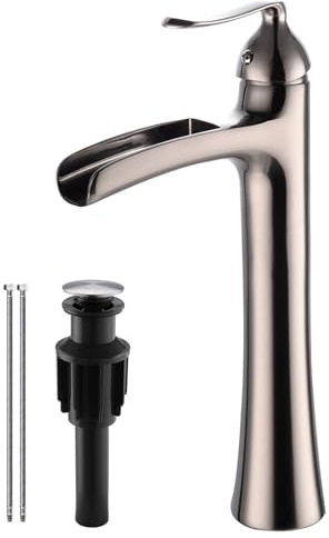 Wovier Brushed Nickel Waterfall Bathroom Sink Faucet with Pop Up Drain Assembly,Single Handle Single Hole Brass Lavatory Vanity Faucet,Basin Mixer Tap Tall Body with Supply Hose
