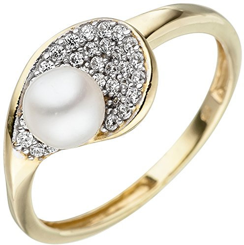 Jobo Damen-Ring aus 9 Karat 375 Gold Bicolor mit Perle und Zirkonia Größe 50