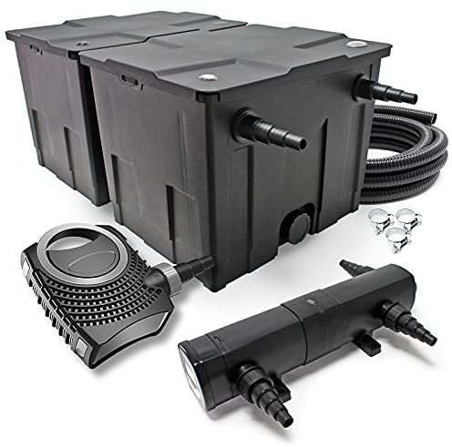 SunSun Komplettset: CBF-350B Teichfilter bis 60000 L Teichfilteranlage Durchlauffilter, NEO10000 Teichpumpe 10000l/h 80W, CUV-236 Teichklärer 36W, 10m Teichschlauch 38 mm, Schlauchschellen W1 44-47mm