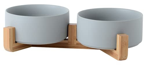 doppie ciotole in ceramica per gatti e cani di piccola taglia da 12.8cm l'una in bambù, 2x400ml rialzate e sollevate da terra con base antiscivolo (DOPPIE 12.8 CM, GRIGIO)