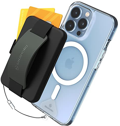 Sinjimoru Porte Carte Magnétique Compatible avec iPhone, Portefeuille de Téléphone Portable à Coller avec Béquille et Support de Téléphone pour Les séries iPhone 12/13. M-Card Zip Gris Olive